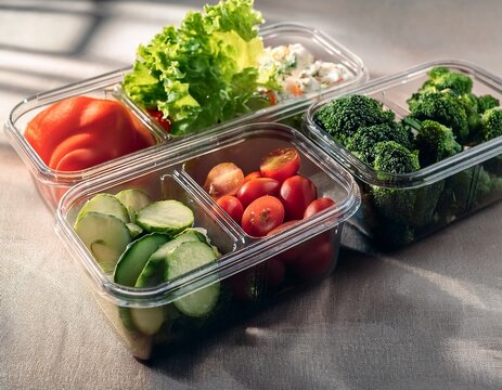 vegetables and salads in plastic containers selective focus