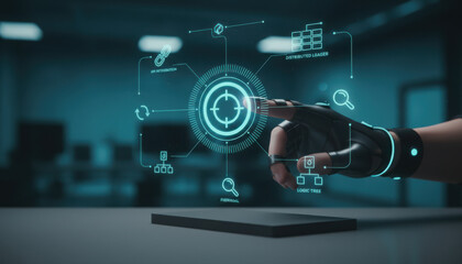 Fototapeta premium Close up of a hand wearing a black haptic feedback glove interacting with a glowing teal holographic digital interface and data visualizations in a dark high-tech environment