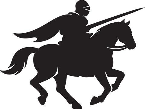 black vector silhouette of a knight riding a horse on a white background. rider with spear and armor. Logo of medieval tournament. flat illustration