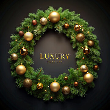 Pine branch wreath with gold ornaments festive holiday decoration