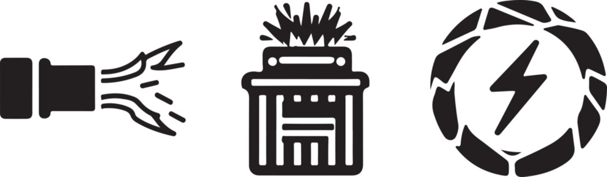 Three safety hazard icons showing fire, explosion, and electric shock