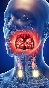 3D Medical Animation of Infected Tonsils with Swollen Lymph Nodes in Human Throat Anatomy on Blue Background