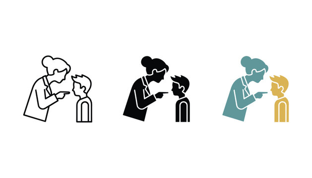 Teacher scolding student icon set featuring discipline and education conflict in linear solid and flat design styles for school and classroom themes