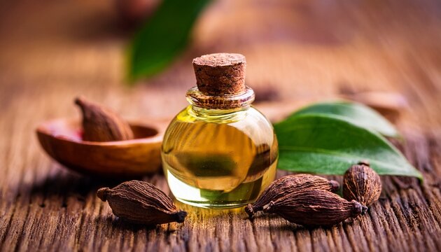 close up of sandalwood drops essential oil selective focus