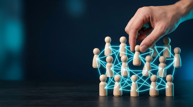 A hand placing a wooden figure among a group of connected people on a dark background with blue highlights