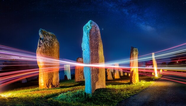 abstract concept of hipaa medical data privacy and compliance featuring glowing light trails flowing through ancient standing stones at night