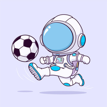 Cute astronaut cartoon character playing and kicking soccer ball