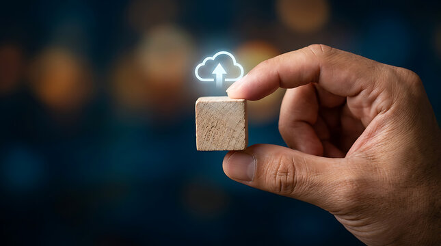 Hand holding small wooden block with glowing cloud icon and arrow uploading to cloud storage concept on blurred background with bokeh lights