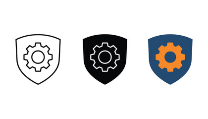 Obraz premium Shield icon with gear symbol representing mechanical security and industrial protection in three distinct artistic styles including line art and solid vector graphic designs for technical branding con