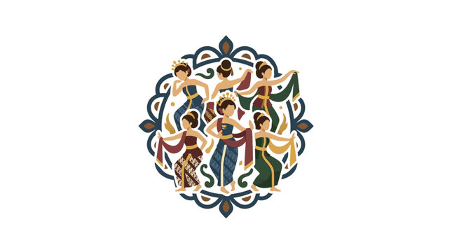 Circular emblem featuring group of traditional Indonesian dancers.