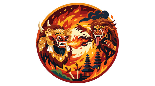 Circular emblem of Barong and Rangda fire battle.