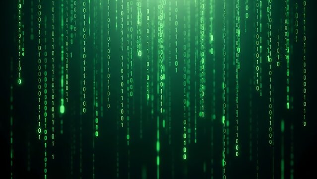 Abstract digital background with falling green binary code numbers data stream, technology and programming concept