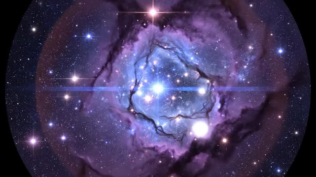 Slow push-in on violet and electric blue cosmic nebula with glowing stellar flares