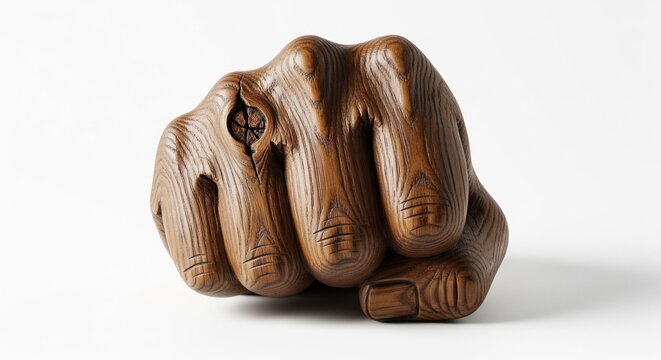 A carved wooden sculpture of a clenched fist, displaying a rich, pronounced natural wood grain texture, with a visible natural knot near the thumb