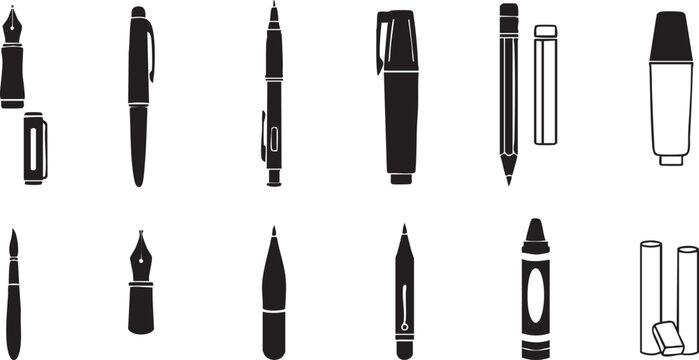 Twelve black and silver writing utensils arranged in a grid layout black pen silver pen