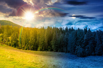nature scenery with coniferous forest in mountain. day meet night. sun and moon over carpathian landscape with spruce woodland on the hill at twilight. ukraine nature background on autumn equinox