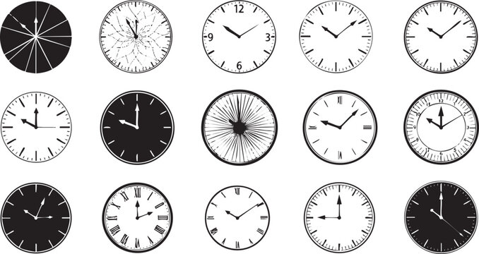 Twelve black and white minimalist clock faces with various hands and markers minimalist black and white