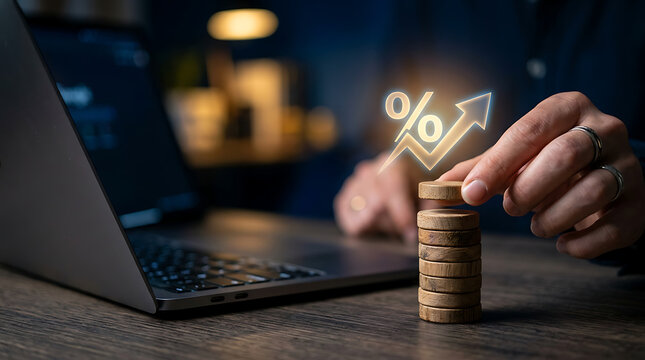 A person stacking wooden coins with a glowing percentage sign and arrow on top near a laptop on a wooden desk in a dark room