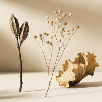Dried botanical elements with seed pods and textured leaf neutral tones