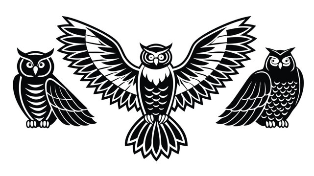 Vector illustration set of three owls, two perched and one with wings spread, black and white vector illustration