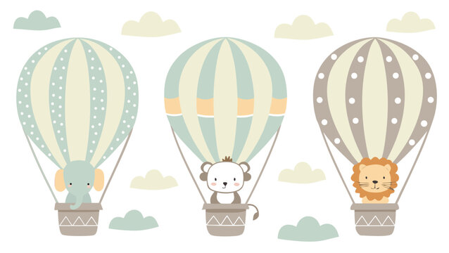 Vector illustration cute animals in hot air balloons, elephant, monkey and lion flying in the sky, vector illustration