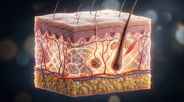 Detailed 3D illustration of human skin anatomy layers