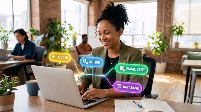 African-american woman working on laptop with automated workflow visual interface. Digital transformation, task automation and business process management in modern office environment.
