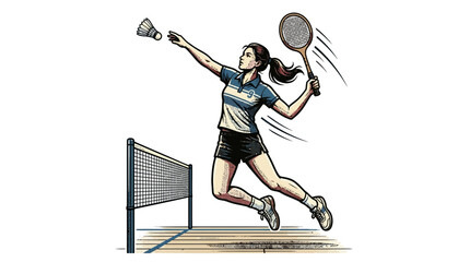Woman playing badminton, jumping to hit shuttlecock over net, dynamic action shot © sandal