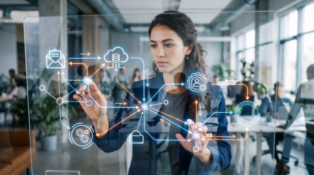 Woman interacting with digital cloud computing interface. Specialist managing data network and server communication. Concept of future technology and business information management system.
