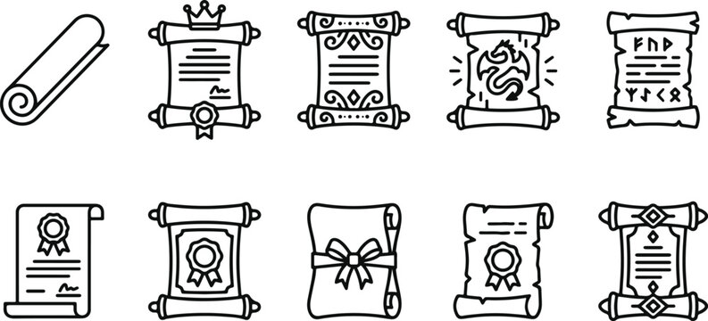 Set of vintage scroll icons with ribbons and awards