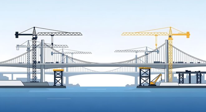 Flat vector illustration of a large bridge construction project spanning over a waterway, featuring multiple tower cranes, suspension bridge elements, and infrastructure development activities. Ideal 