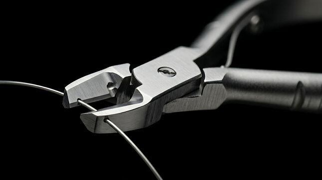  Close up of professional orthodontic pliers cutting and adjusting metal archwire for dental braces in orthodontic treatment procedure on dark background for medical and dentistry commercial use.