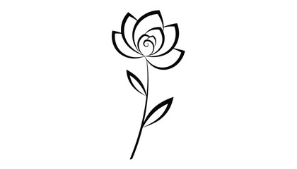 Obraz premium Elegant minimalist line art illustration of a single beautiful rose flower on a stem with two delicate leaves.