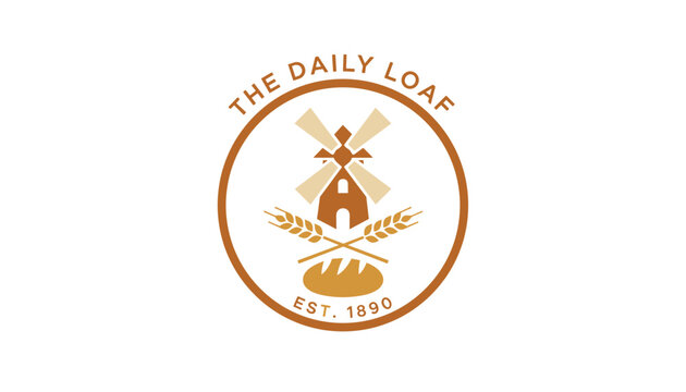 Vintage logo design for the daily loaf bakery featuring a rustic windmill, crossed wheat ears, and a fresh bread loaf.