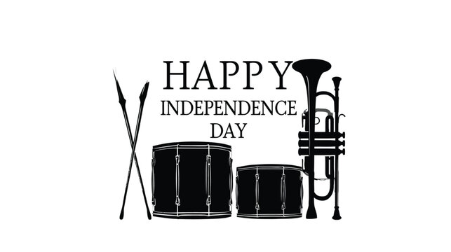 Drums and trumpet instruments are arranged in a horizontal row to celebrate the national holiday with a festive musical theme that honors the spirit of the historic independence day celebration.