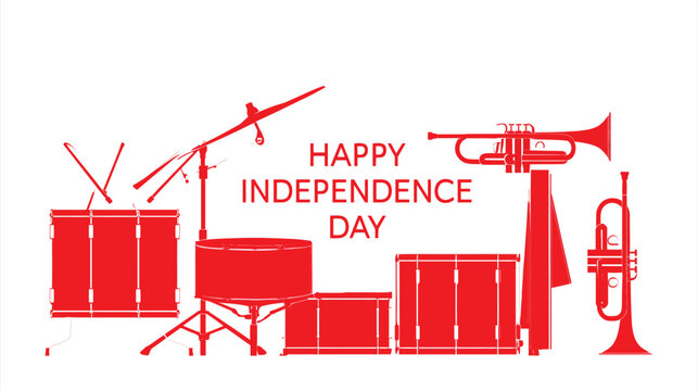 Instruments including drums and trumpets are arranged in a red silhouette composition with the text happy independence day, perfect for musical performances during national holiday celebrations.