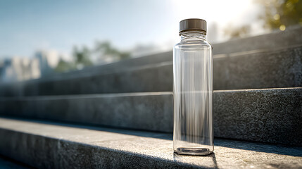Transparent plastic water bottle with a dark cap standing on stone stairs under bright warm sunlight in outdoor setting © Maha