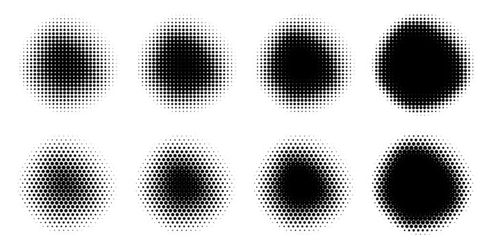 Halftone gradient circles collection. Dots textured round patterns. Cartoon comic radial faded background set. Abstract pixelated elements for frame, poster, collage, banner, flyer. Vector bundle
