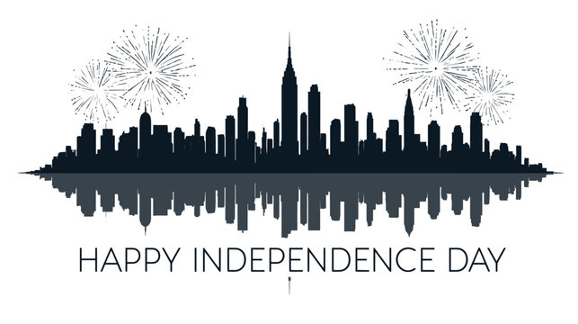 Metropolis skyline shows a dense collection of tall office buildings and architectural towers standing against the horizon with mirrored reflections and celebratory fireworks marking independence day.