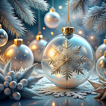 Glass christmas ornaments with snowflake detail festive 3d rendering