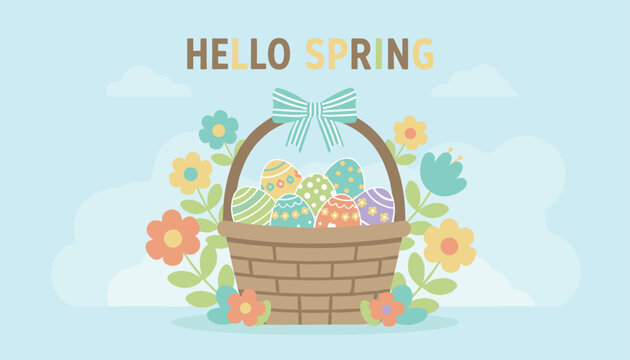 Hello spring greeting card features a wicker basket filled with colorful patterned easter eggs among blooming flowers.