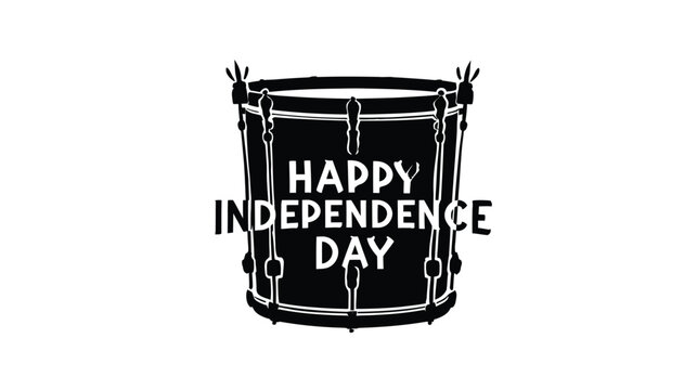 Drum illustration features the words happy independence day written across the center to represent a musical theme for national holiday celebrations and public events requiring festive decorations.