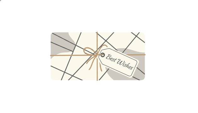 Minimalist design of a gift wrapped in elegant pattern paper with a rustic twine bow and a best wishes tag.