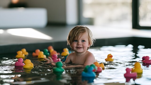 Joyful blond toddler splashing with colorful rubber ducks in a luxury indoor pool during morning light