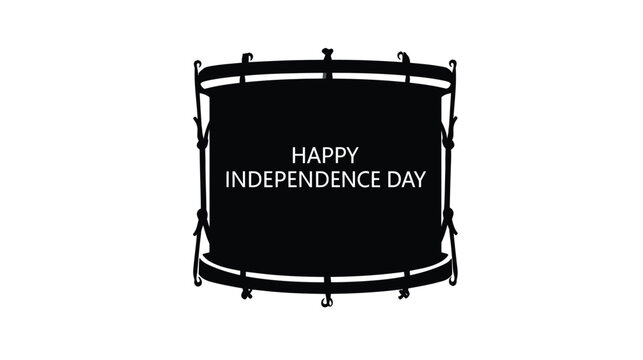 Drum silhouette displays the text happy independence day in a bold font style that serves as a festive graphic element for various patriotic event announcements or promotional posters and flyers.