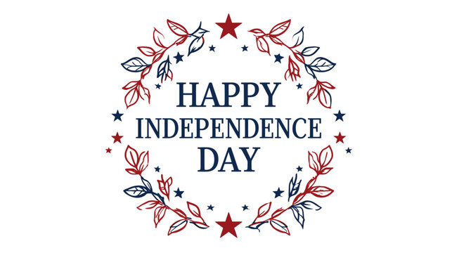 Laurel wreath featuring red and blue leaves with stars encircles a bold Happy Independence Day greeting on a crisp white backdrop to serve as a versatile element for patriotic holiday marketing.