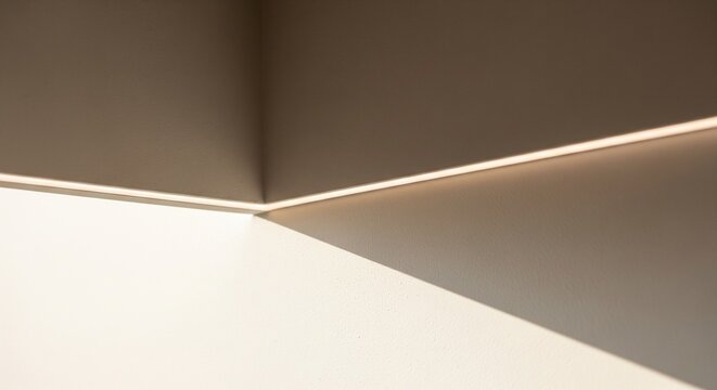 Abstract close up of modern room corners with warm hidden LED strip lighting built into the walls. Minimalist architectural interior details