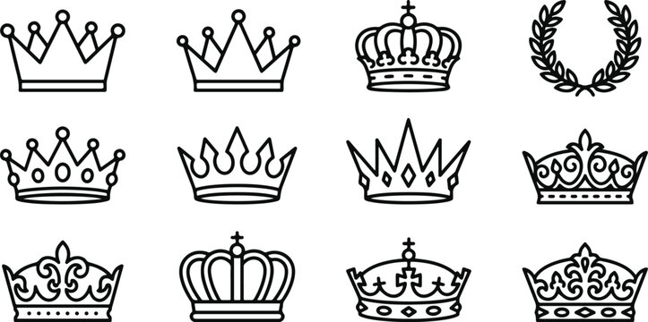 Black and white crown icons set