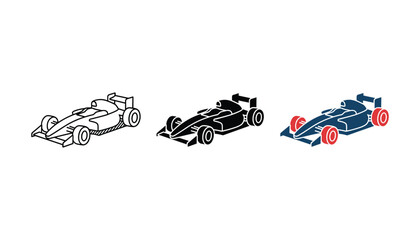 Fototapeta premium Formula one racing car side view icon set showing sleek aerodynamic vehicle silhouettes for automotive and sports design