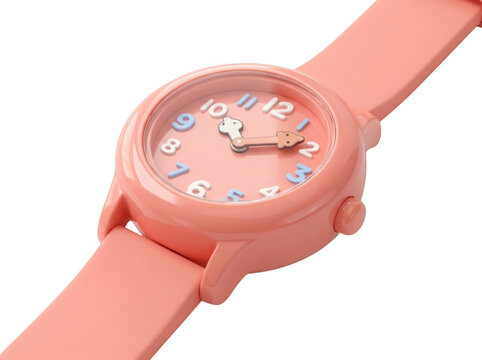 Pink children's watch with cartoon hands during bright studio lighting for playful concepts